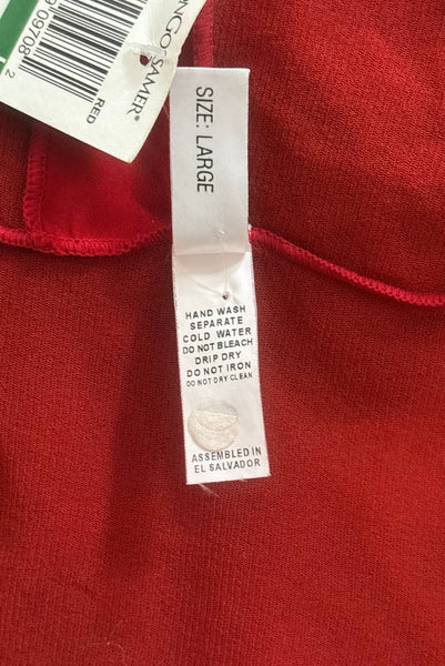 Interior detail view of new with tags 2000s y2k vintage deadstock ruby red mesh and satin, V-neck, sleeveless, empire waist top by On Gossamer, size medium to large. Showing the size Large, fabric care, and paper store tag.