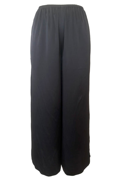 Front view of 2000s y2k vintage black silk charmeuse satin elastic waist, high rise, wide leg pajama loungewear pants, by Hanky Panky, size medium to large. New without tags.