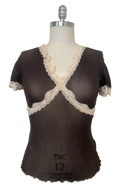 Front view of new with tags 2000s y2k vintage deadstock sheer brown mesh and cream lace nylon, V-neck, short sleeve top by Petit Pois, size small to medium.