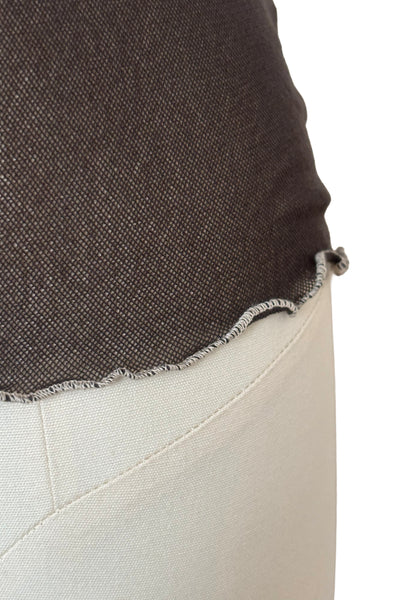 Detail view of new with tags 2000s y2k vintage deadstock sheer brown mesh and cream lace nylon, V-neck, short sleeve top by Petit Pois, size small to medium. Showing the contrasting cream lettuce edged hem.