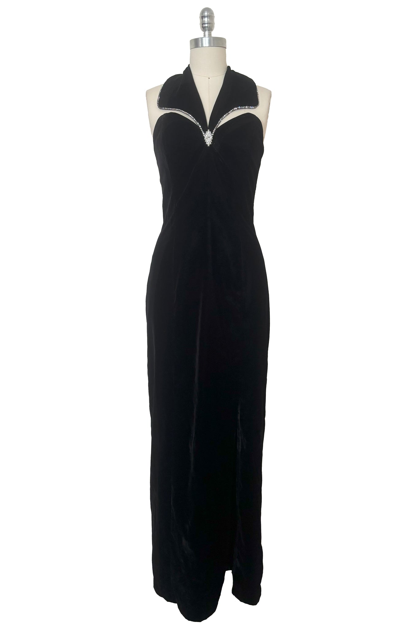 Front view of 1990s vintage goth bat wing collar rhinestone trim evening dress by Betsy and Adam, size extra small to small.