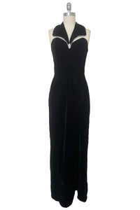 Front view of 1990s vintage goth bat wing collar rhinestone trim evening dress by Betsy and Adam, size extra small to small.
