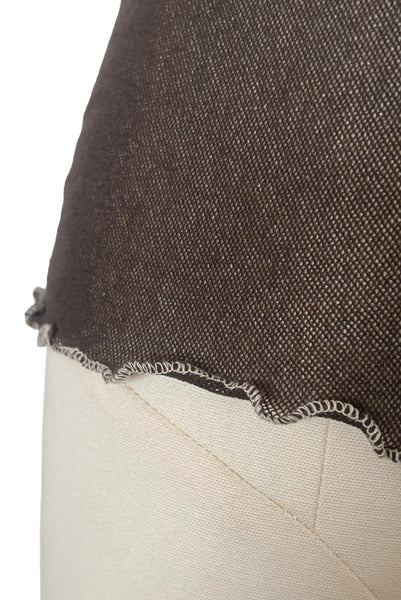 Detail view of new with tags 2000s y2k vintage deadstock sheer brown mesh and cream lace nylon, V-neck, short sleeve top by Petit Pois, size small to medium. Showing the contrasting cream lettuce edged hem.