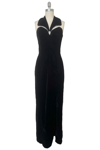 Front view of 1990s vintage goth bat wing collar rhinestone trim evening dress by Betsy and Adam, size extra small to small.