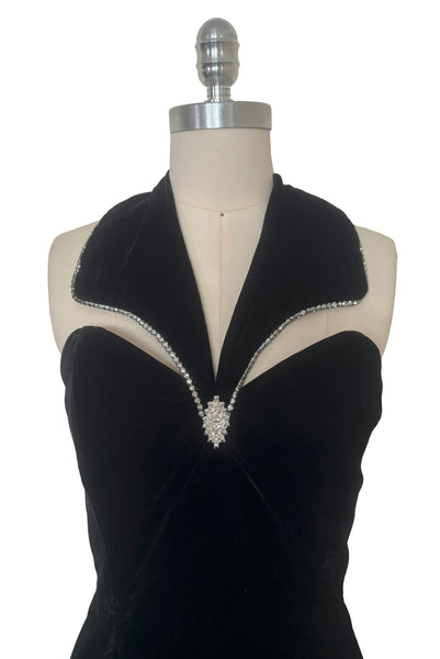 Bodice front view of 1990s vintage goth bat wing collar rhinestone trim evening dress by Betsy and Adam, size extra small to small.