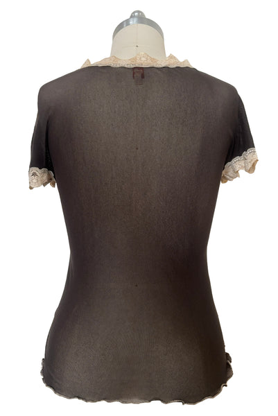 Back view of new with tags 2000s y2k vintage deadstock sheer brown mesh and cream lace nylon, V-neck, short sleeve top by Petit Pois, size small to medium.