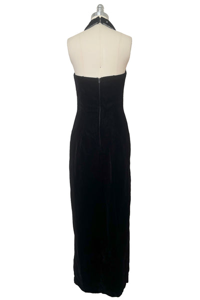 Back view of 1990s vintage goth bat wing collar rhinestone trim evening dress by Betsy and Adam, size extra small to small.