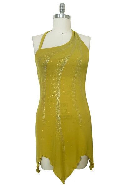 Front view of 2000s y2k vintage chartreuse green asymmetrical halter neckline, handkerchief hem polyester knit mini dress with iridescent glitter by Kitty, size small to medium.