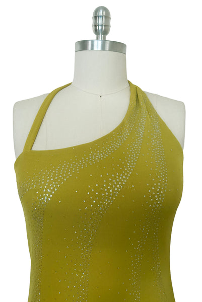 Bodice front view of 2000s y2k vintage chartreuse green asymmetrical halter neckline, handkerchief hem polyester knit mini dress with iridescent glitter by Kitty, size small to medium. Showing the asymmetrical halter neckline, and iridescent glitter.