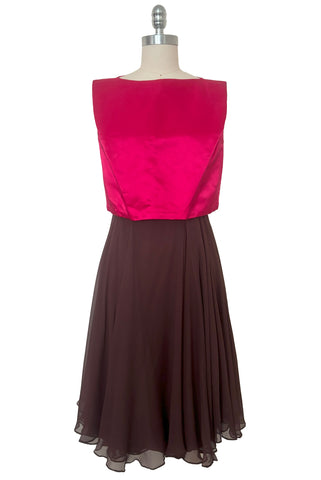 Front view of 1960s vintage hot pink silk overblouse and brown silk chiffon two piece cocktail dress set, size extra small to small.