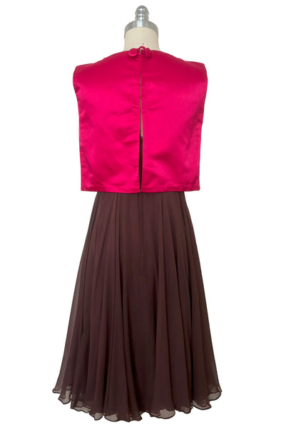 Back view of 1960s vintage hot pink silk overblouse and brown silk chiffon two piece cocktail dress set, size extra small to small.