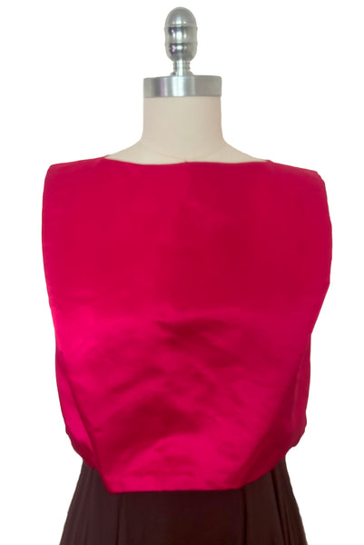 Overblouse front view of 1960s vintage hot pink silk overblouse and brown silk chiffon two piece cocktail dress set, size extra small to small.