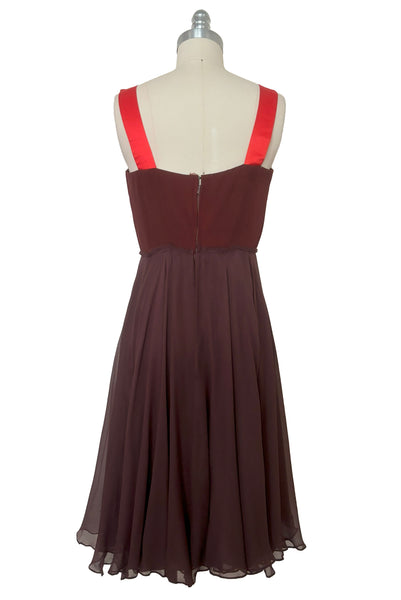 Dress only back view of 1960s vintage hot pink silk overblouse and brown silk chiffon two piece cocktail dress set, size extra small to small.