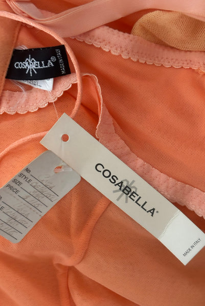 Interior detail view of 2000s y2k vintage, as is, new with tags creamsicle orange mesh and green lace underwire bustier with laced back by Cosabella, size extra small to small. Showing the paper Cosabella and shop tags, as well as the stretched out elastic inside the bustier.