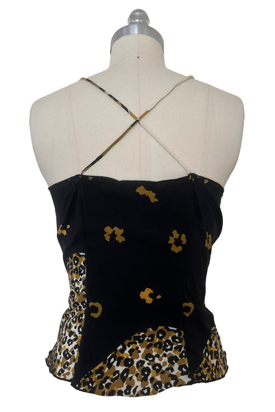 Back view of 1990s vintage leopard animal print black silk and re embroidered lace camisole top by Sky, size extra small to small.