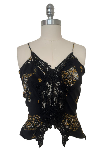 Front view of 1990s vintage leopard animal print black silk and re embroidered lace camisole top by Sky, size extra small to small.