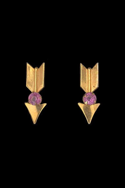 Vertical front view of 1940s vintage round pink rhinestone and warm gold tone arrow screw back earrings by Coro.
