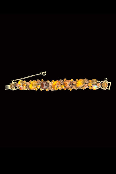 1950s Vintage Weiss Orange and Brown Rhinestone and Cabochon Bracelet