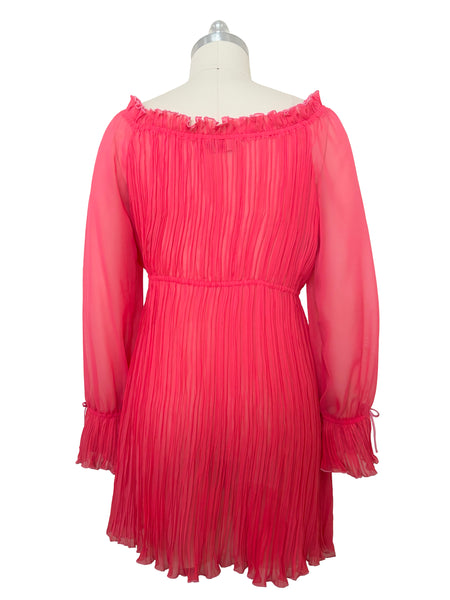 Back view of new with tags deadstock 2000s vintage y2k coral pink pleated, empire waist, long sleeve chiffon mini baby doll nightgown by Romance for Nk Imode, size large to extra large.