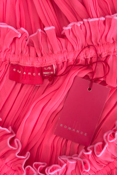 Interior detail view of new with tags deadstock 2000s vintage y2k coral pink pleated, empire waist, long sleeve chiffon mini baby doll nightgown by Romance for Nk Imode, size large to extra large. Showing the Romance label and size large tag as well as the paper shop tag.