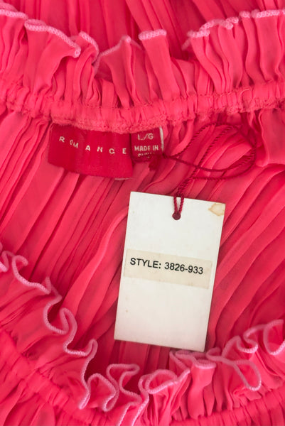 Interior detail view of new with tags deadstock 2000s vintage y2k coral pink pleated, empire waist, long sleeve chiffon mini baby doll nightgown by Romance for Nk Imode, size large to extra large. Showing the Romance label and size large tag as well as the paper shop tag with the style number.
