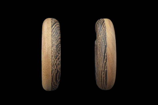 Horizontal front view of 1980s vintage blonde and dark brown two tone wood hoop clip-on adjustable earrings.