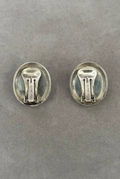 Vertical back view of 1980s vintage 925 sterling silver and onyx cabochon oval clip-on earrings, by Christian Dior.