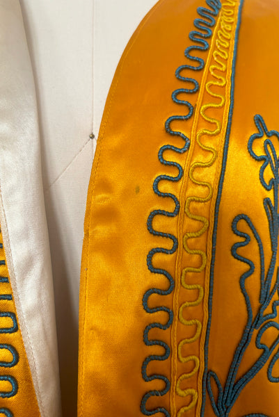 1920s Mustard Satin Regalia Robe w/ Teal Soutache Embroidery, by Ihling Brothers, Most Sizes