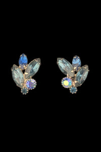 1950s Vintage Iridescent Blue Rhinestone and Silver Tone Clip-On Earrings by Weiss