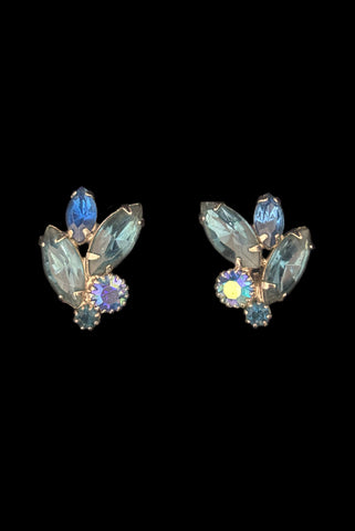 1950s Vintage Iridescent Blue Rhinestone and Silver Tone Clip-On Earrings by Weiss