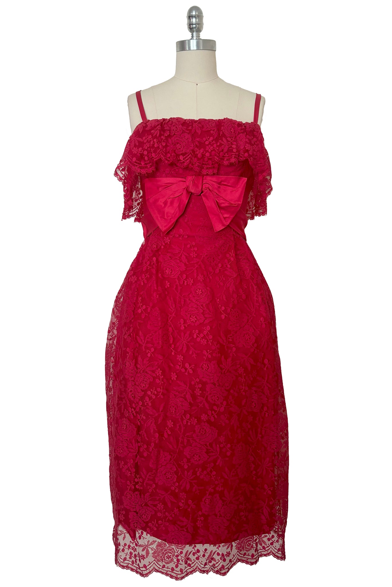 1960s Vintage Red Satin and Lace Cocktail Dress by Miss America, Extra Extra Small to Extra Small