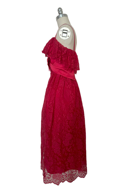 1960s Vintage Red Satin and Lace Cocktail Dress by Miss America, Extra Extra Small to Extra Small