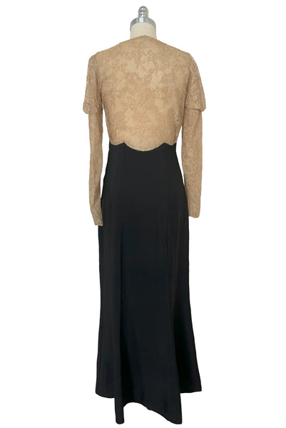 Back view of 1930s vintage cream lace sheer back Juliet sleeve square neck black crepe midi dress, size extra small to small.