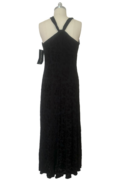 Back view of new with tags 1990s vintage Art Deco style black floral burnout velvet knit maxi dress, by Kamisato, small to medium.