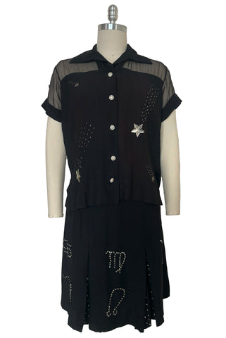 1970s Vintage Black Rhinestone New Orleans Zodiacs Bowling Outfit, Medium to Large