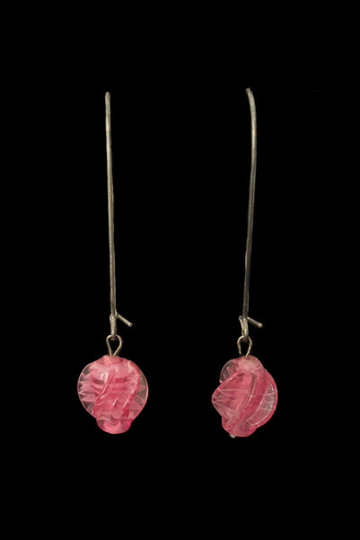 Vertical front view of 2010s pink glass lampwork bead on long silver tone earwire pierced drop earrings. Made from vintage components.