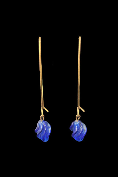 Vertical front view of 2010s blue glass lampwork beads on long gold tone earwires pierced drop earrings. Made from vintage components.