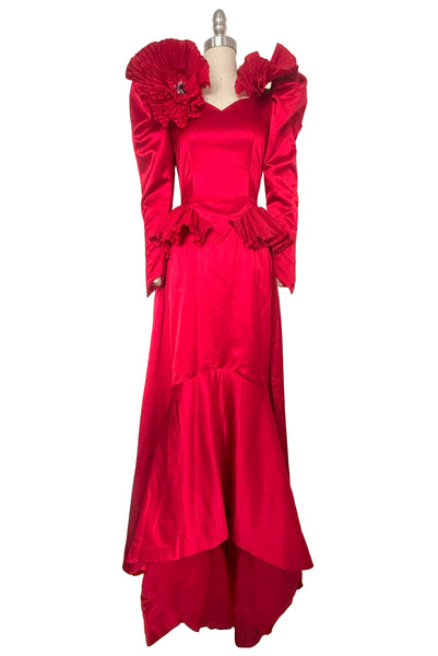 1990s Vintage Victorian Gothic Style Red Peau de Soie Gown by Eri Matsui, Extra Small to Small