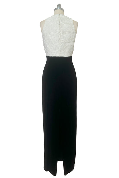 Back view of 1990s vintage cream beaded satin halter neck & black velvet evening dress by Carmen Marc Valvo, extra small to small.