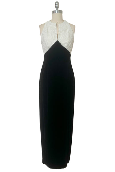 Front view of 1990s vintage cream beaded satin halter neck & black velvet evening dress by Carmen Marc Valvo, extra small to small.