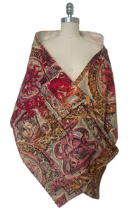 Front mannequin view of 1950s vintage medusa and urn classical motif cream, blue, pink, red, & lavender watercolor print sequin cotton wrap/shawl.
