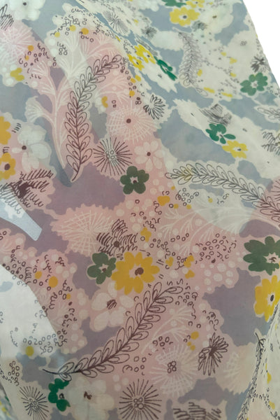 Fabric detail of 1940s sheer blue nylon green and yellow floral & spiderweb novelty print dress, small to medium. Showing a close up of the novelty print and the tiny, white spiderwebs.