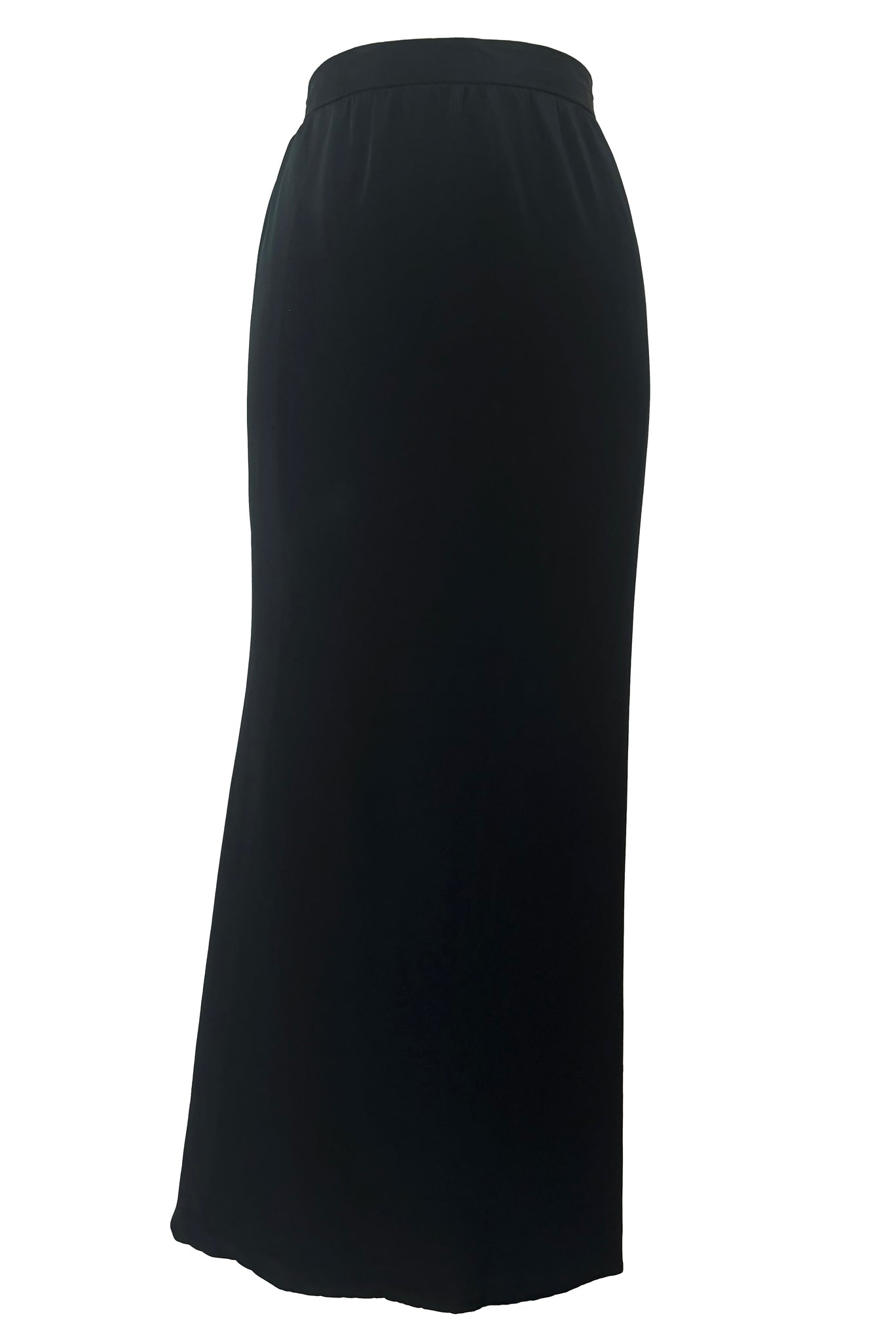 Front view of 1990s vintage black silk maxi evening skirt with train by Fernando Pena, size extra small to small.
