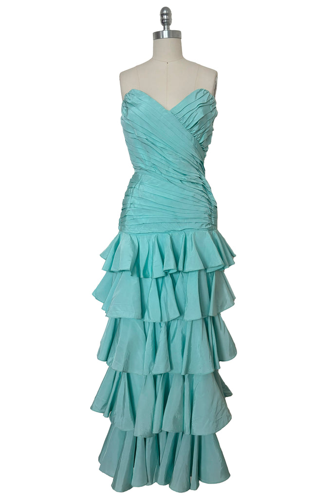 1980s Vintage Aqua Blue Tiered Ruffled Strapless Evening Dress by Lill Leslie Courreges 1980s Vintage Aqua Blue Tiered Ruffled Strapless Evening Dress by Lill Leslie Courreges