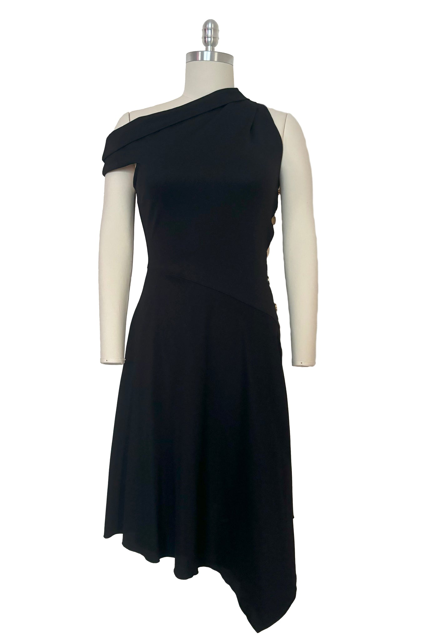 Front view of 2000s vintage y2k Derek Lam 10 Crosby black knit one shoulder asymmetrical dress with gold buttons, size small to medium.