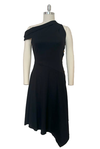 Front view of 2000s vintage y2k Derek Lam 10 Crosby black knit one shoulder asymmetrical dress with gold buttons, size small to medium.