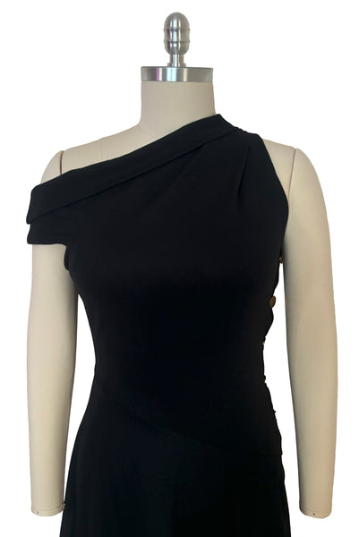 Bodice front view of 2000s vintage y2k Derek Lam 10 Crosby black knit one shoulder asymmetrical dress with gold buttons, size small to medium. Showing the off the shoulder design with asymmetrical neckline.