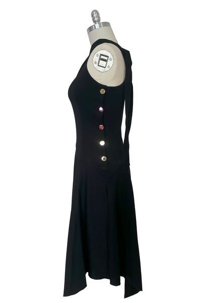 Side view of 2000s vintage y2k Derek Lam 10 Crosby black knit one shoulder asymmetrical dress with gold buttons, size small to medium. Showing the large gold metal button closure.