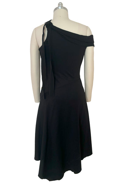 Back view of 2000s vintage y2k Derek Lam 10 Crosby black knit one shoulder asymmetrical dress with gold buttons, size small to medium.