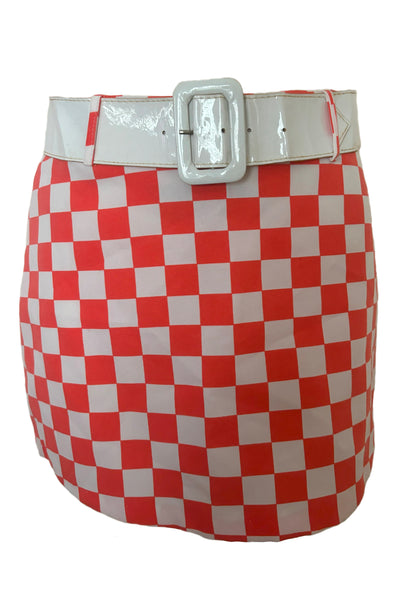 Front view of 1990s does 1960s vintage Mod orange and white checkered micro mini skirt with white belt by Gozzi, small to medium.